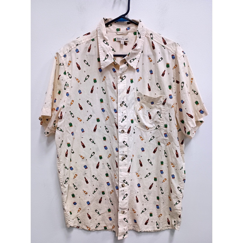 Toad&Co Beer Bottle Print Shirt Mens XL Organic Cotton Short Sleeve Button Up